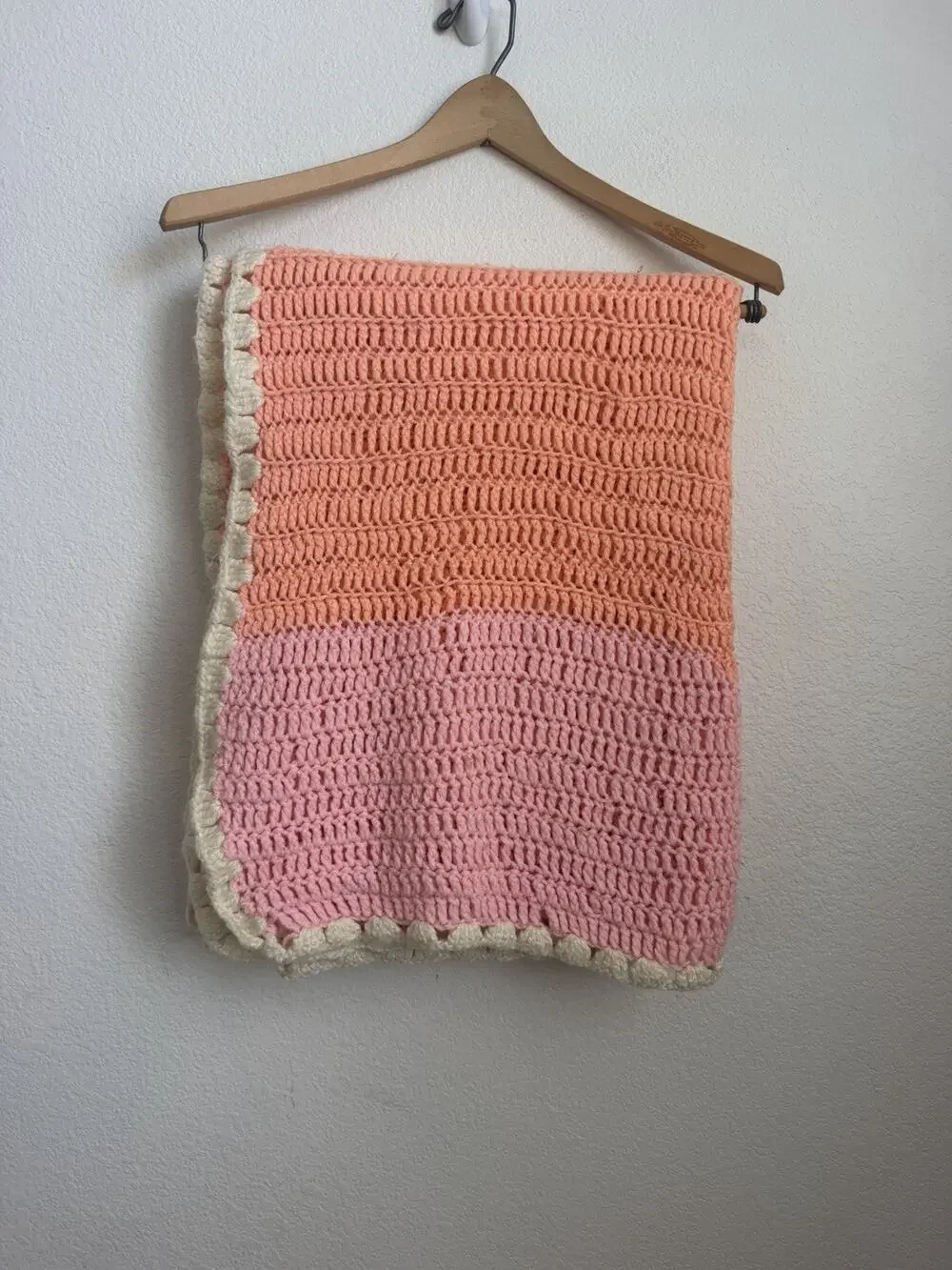 Handmade Pink~Peach~Ivory Crochet Knit Baby Blanket Quilt 64”x33”